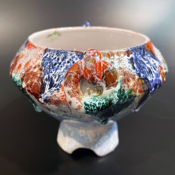 Vintage Italian Pottery Footed Planter / Vase Lava Glaze Double Handles 1960s - Picture 2 of 8